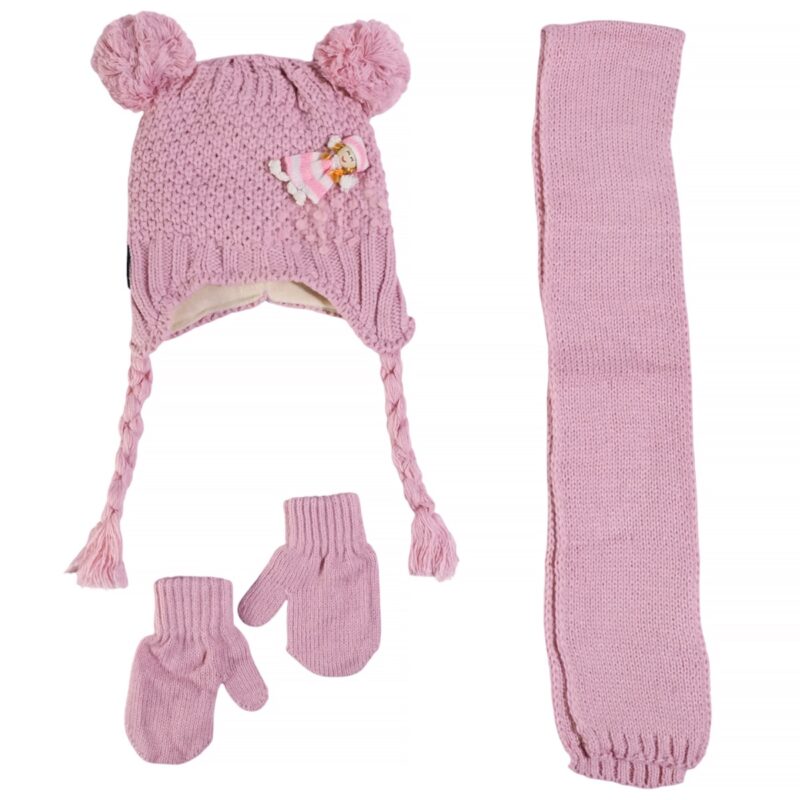 Πλεκτό σετ Juju Pink Girl για κορίτσι με σκούφο, κασκόλ και γάντια