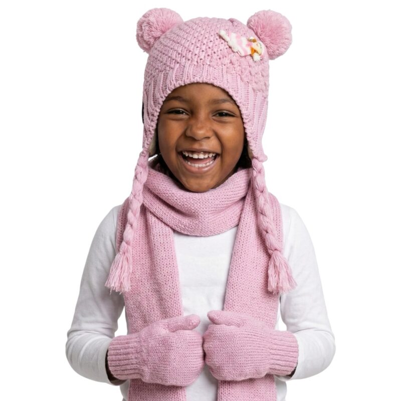 Juju πλεκτό σετ σκούφος-κασκόλ-γάντια «Pink Girl»