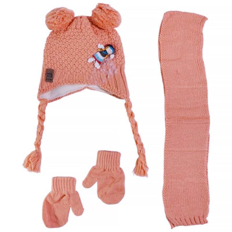 Πλεκτό σετ Juju Coral Girl για κορίτσι με σκούφο, κασκόλ και γάντια