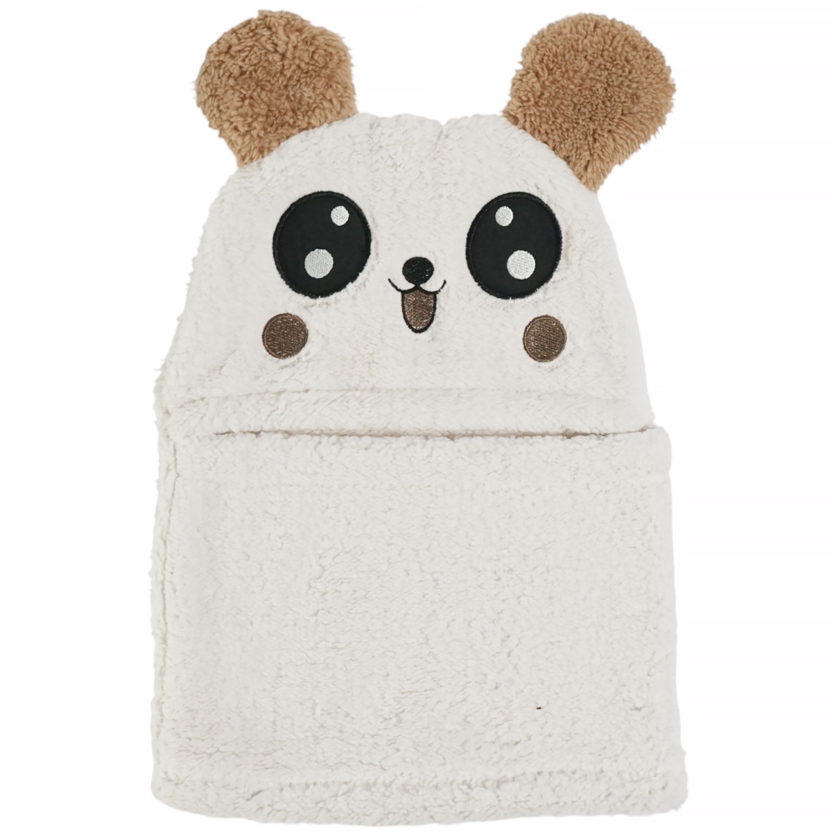 Minikep ζεστό σκουφάκι full face μπεζ με αυτάκια και κέντημα panda