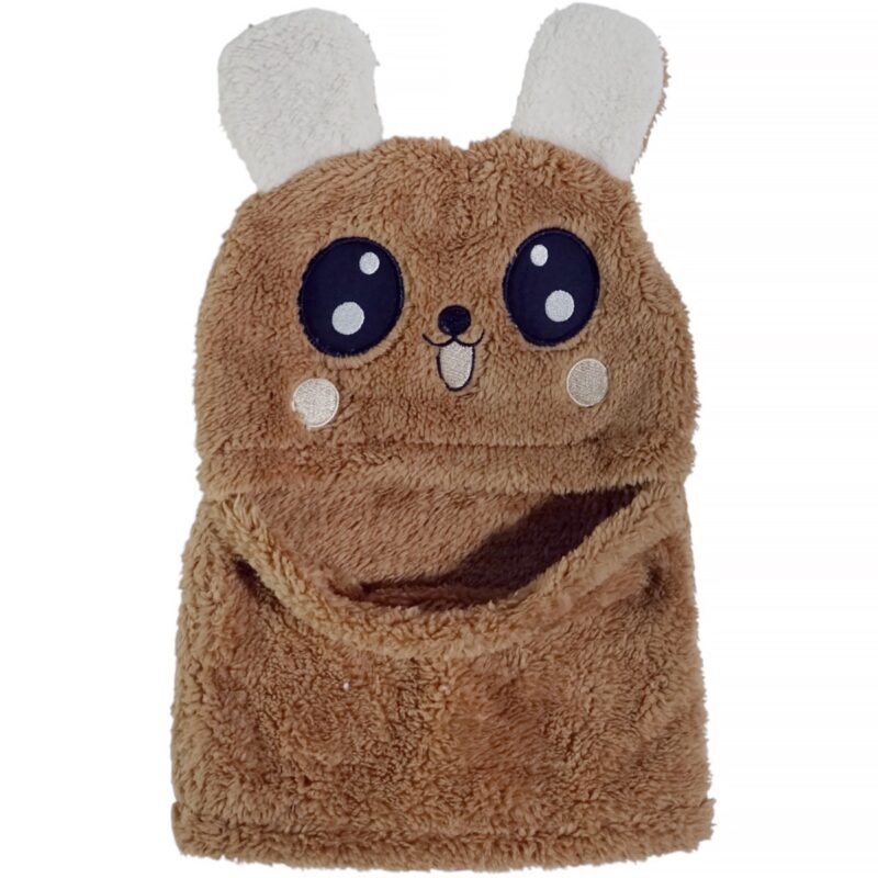 Minikep σκουφάκι full face καφέ με κέντημα panda και αυτάκια