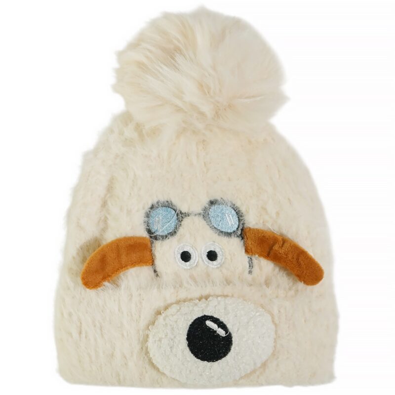 Prahar πλεκτό σκουφάκι εκρού με σκυλάκι και φούντα για αγόρια