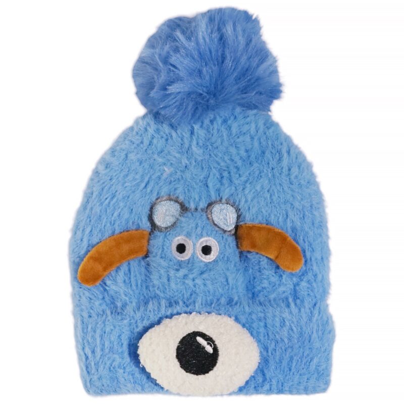 Prahar πλεκτό σκουφάκι γαλάζιο με σκυλάκι και φούντα για αγόρι