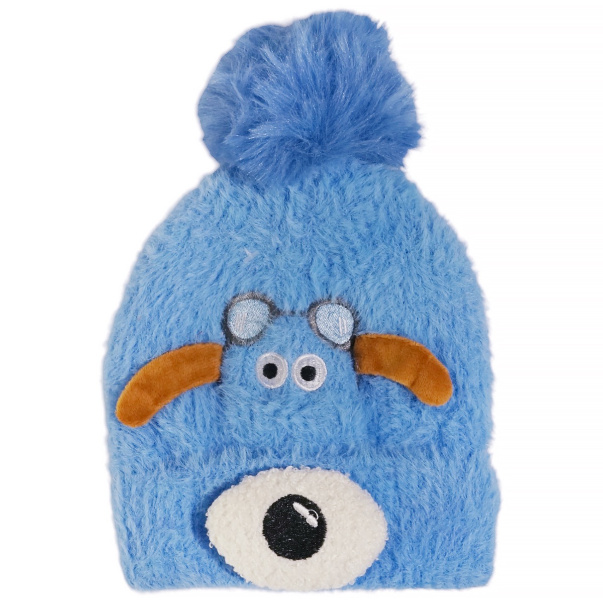 Prahar πλεκτό σκουφάκι γαλάζιο με σκυλάκι και φούντα για αγόρι