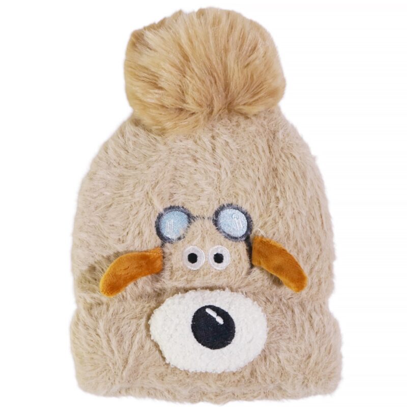 Prahar ζεστό πλεκτό σκουφί μπεζ με σκυλάκι και μεγάλη φούντα