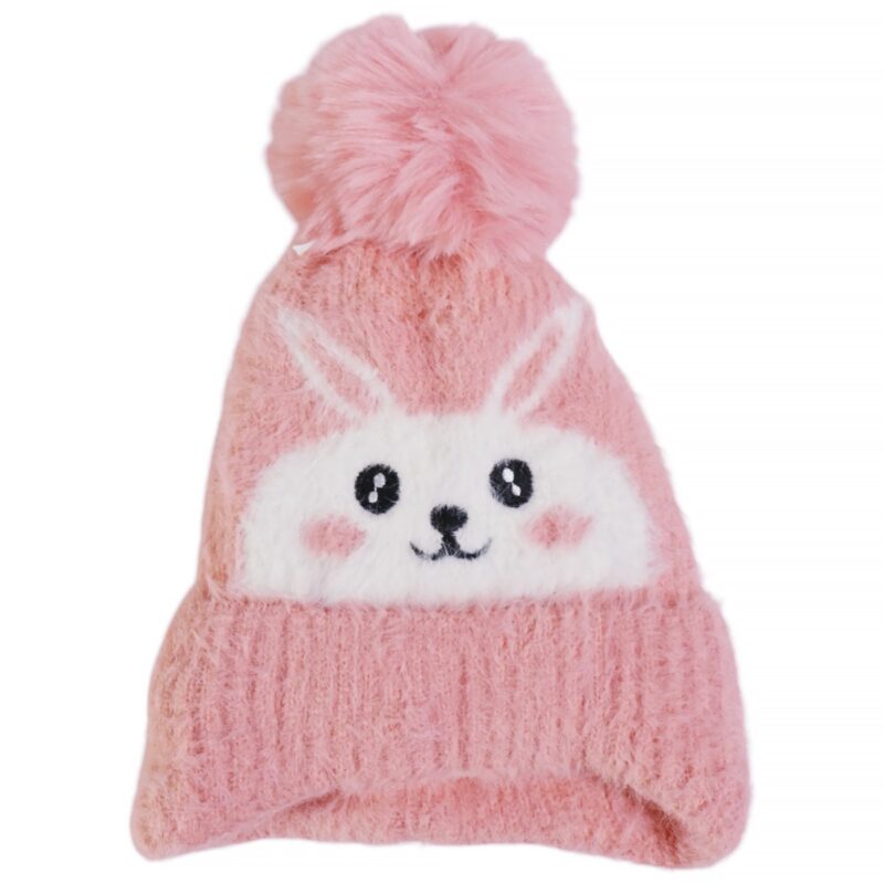 Prahar πλεκτό σκουφάκι ροζ με σχέδιο κουνελάκι και φούντα για κορίτσι