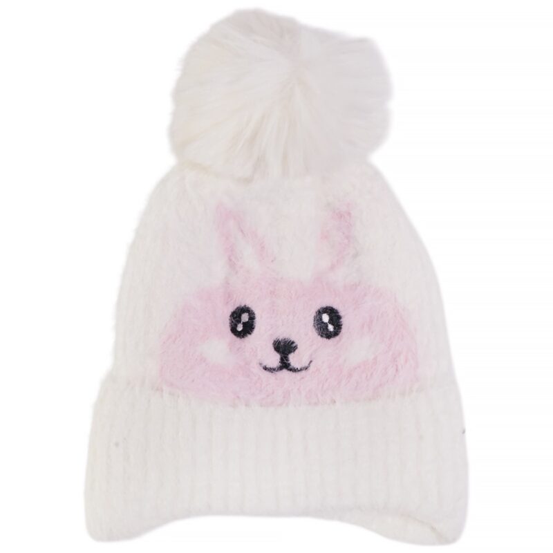 Prahar ζεστό πλεκτό σκουφί εκρού με κουνελάκι και μεγάλη φούντα