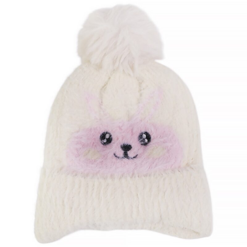 Prahar πλεκτό σκουφάκι μπεζ με σχέδιο κουνελάκι και φούντα για κορίτσι