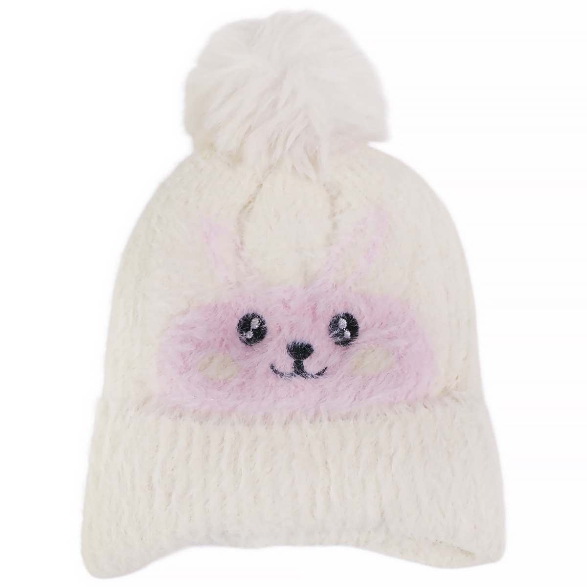 Prahar πλεκτό σκουφάκι μπεζ με σχέδιο κουνελάκι και φούντα για κορίτσι