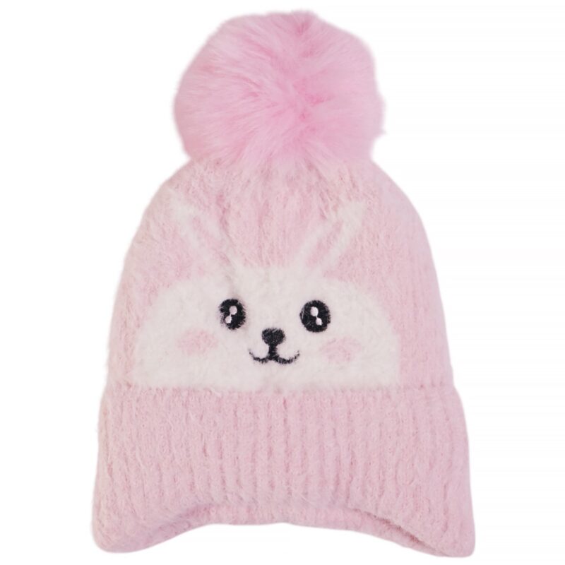 Prahar ζεστό πλεκτό σκουφί ροζ με κουνελάκι και μεγάλη φούντα
