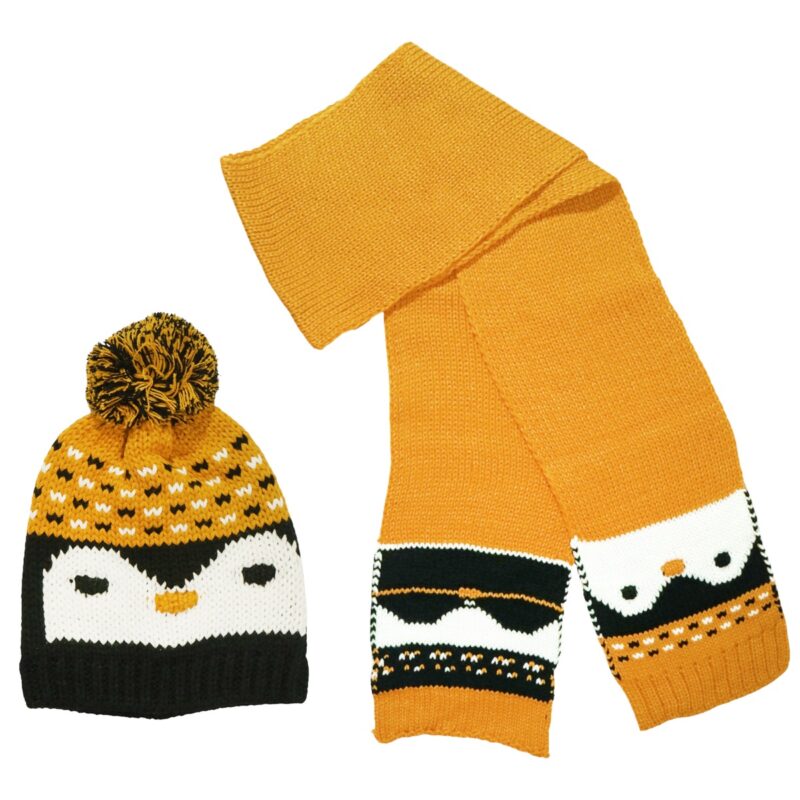 Kitti πλεκτό σετ σκούφος κασκόλ μουσταρδί με πιγκουίνο για αγόρι