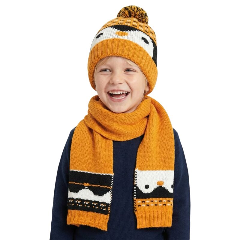 Kitti πλεκτό σετ σκούφος και κασκόλ «Mustard Penguin»