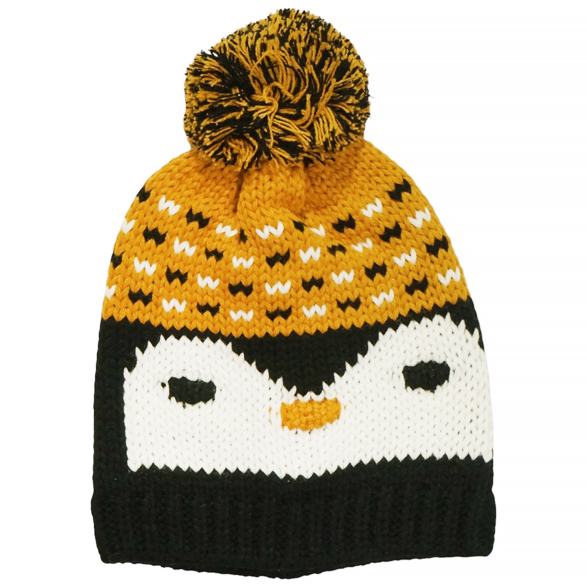 Kitti μουσταρδί πλεκτός σκούφος με φούντα και σχέδιο πιγκουίνο για αγόρι
