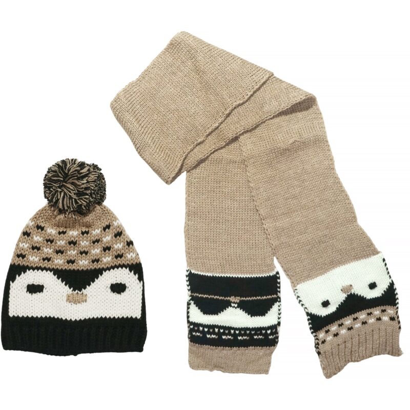 Kitti πλεκτό σετ σκούφος κασκόλ μπεζ με πιγκουίνο για αγόρι