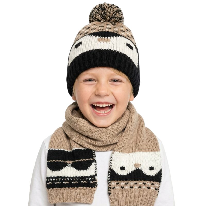 Kitti πλεκτό σετ σκούφος και κασκόλ «Beige Penguin»