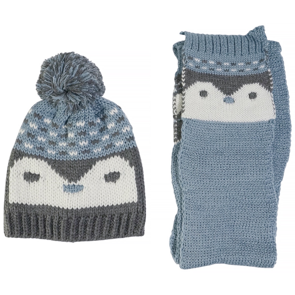 Kitti σετ σκούφος κασκόλ γαλάζιο για αγόρι με διακοσμητικό πιγκουίνο