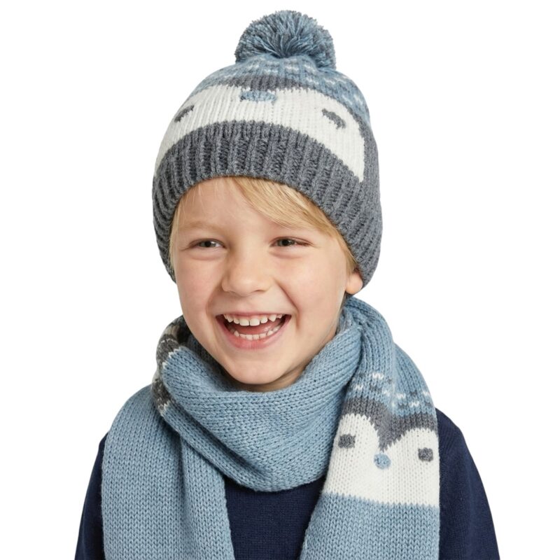 Kitti πλεκτό σετ σκούφος και κασκόλ «Blue Penguin»