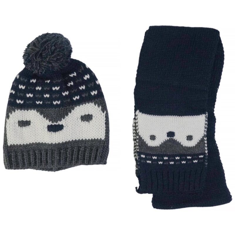 Kitti πλεκτό σετ σκούφος κασκόλ μαύρο με πιγκουίνο για αγόρι