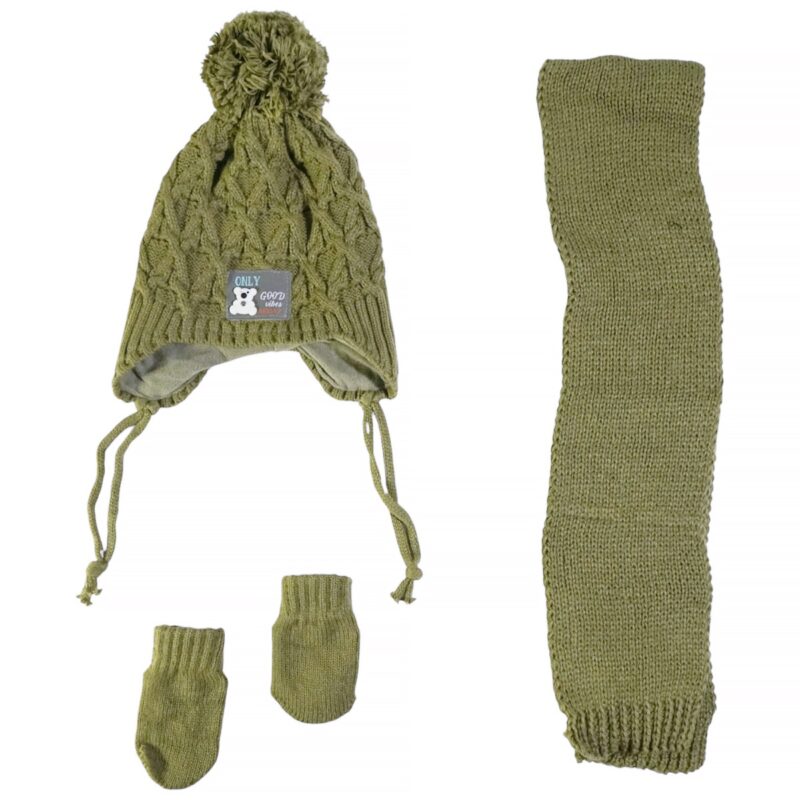 Kitti πλεκτό σετ λαδί για αγόρι με σκούφο κασκόλ και γάντια