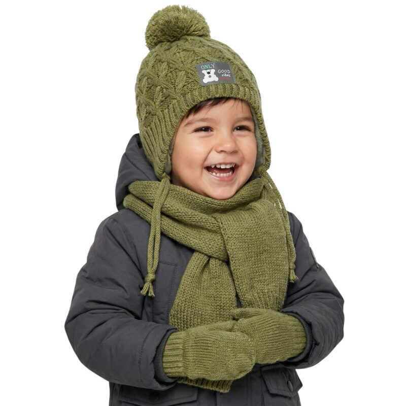 Kitti πλεκτό σετ σκούφος-κασκόλ-γάντια «Only good Vibes in Green»