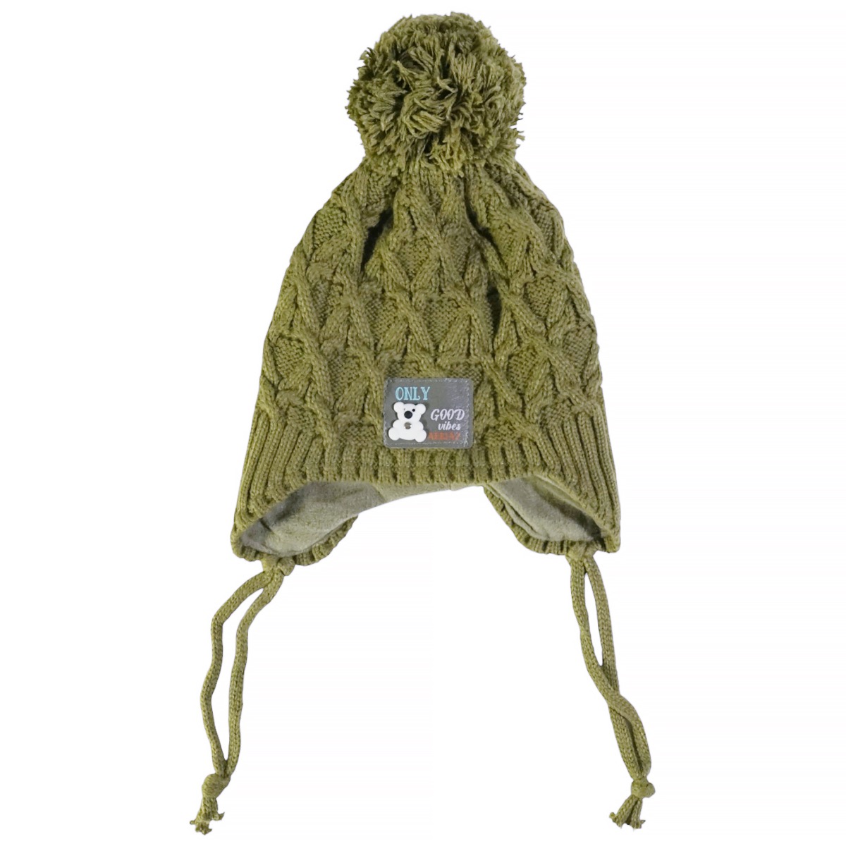 Kitti πλεκτός σκούφος λαδί με φούντα και κορδόνια για αγόρι