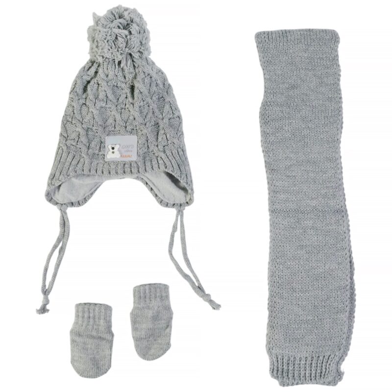 Kitti πλεκτό σετ γκρι για αγόρι με σκούφο κασκόλ και γάντια
