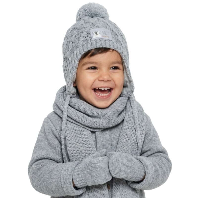 Kitti πλεκτό σετ σκούφος-κασκόλ-γάντια «Only good Vibes in Grey»