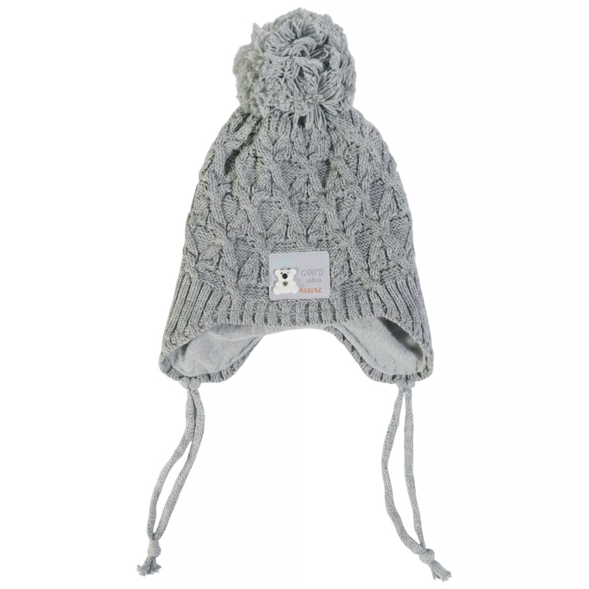 Kitti πλεκτός σκούφος γκρι με φούντα και κορδόνια για αγόρι