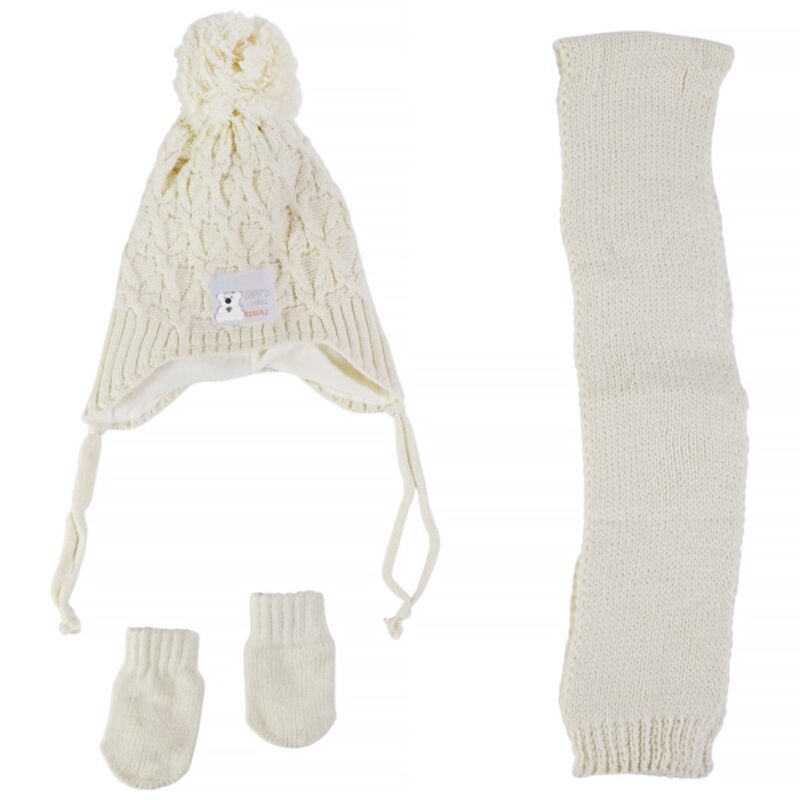 Kitti πλεκτό σετ μπεζ για αγόρι με σκούφο, κασκόλ και γάντια