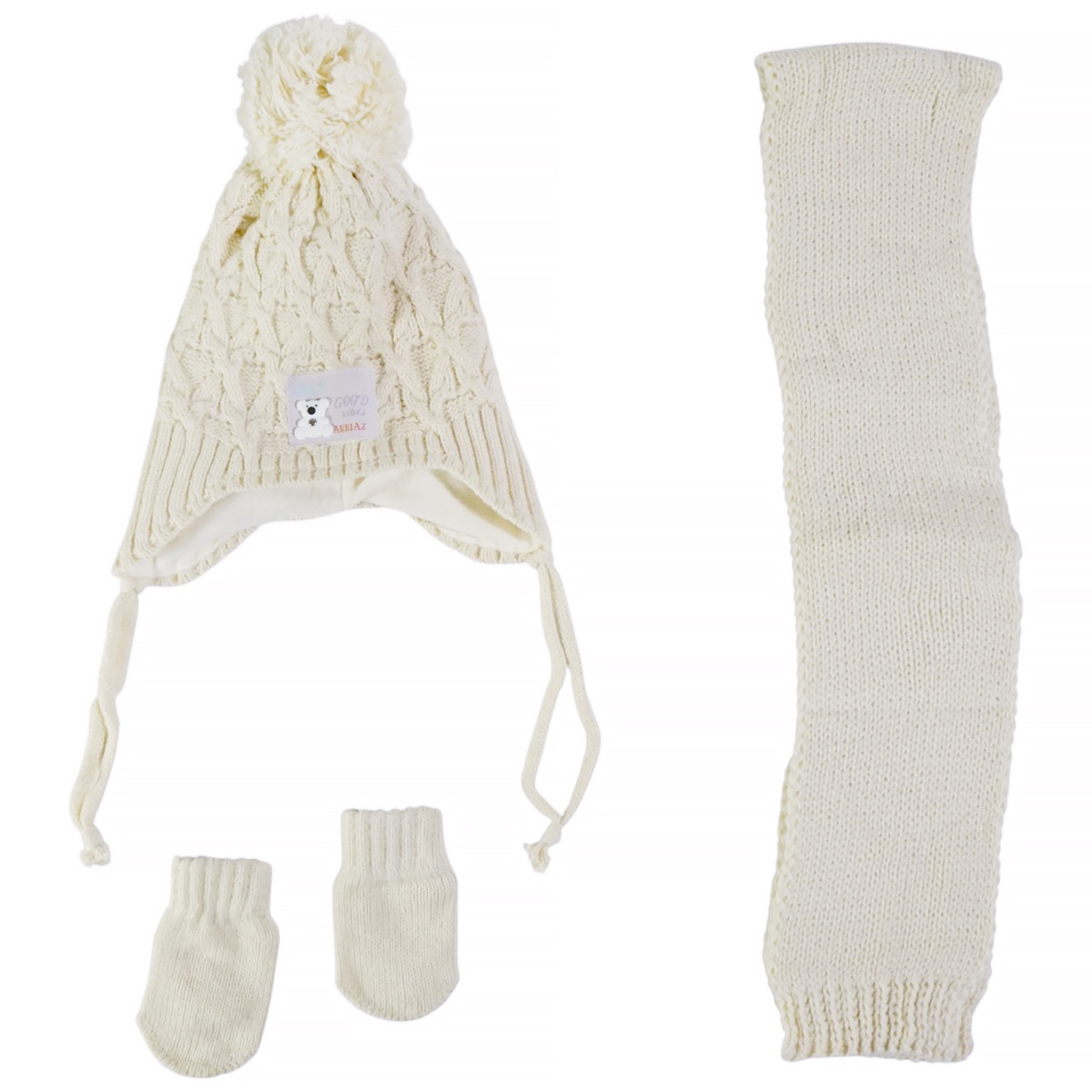 Kitti πλεκτό σετ μπεζ για αγόρι με σκούφο, κασκόλ και γάντια