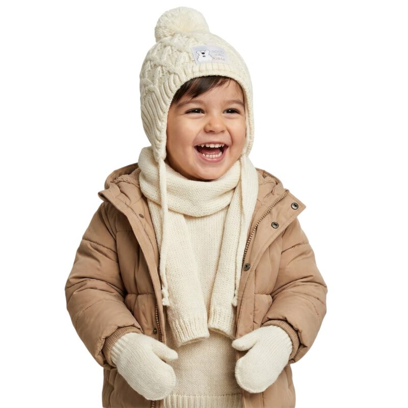 Kitti πλεκτό σετ σκούφος-κασκόλ-γάντια «Only good Vibes in Beige»