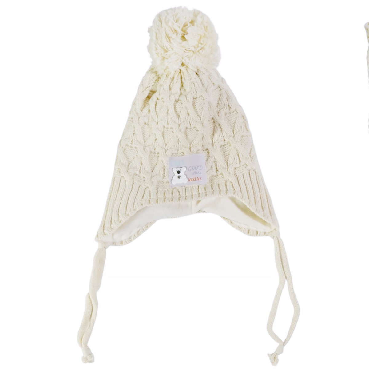 Kitti μπεζ πλεκτός σκούφος με φούντα και κορδόνια για αγόρι