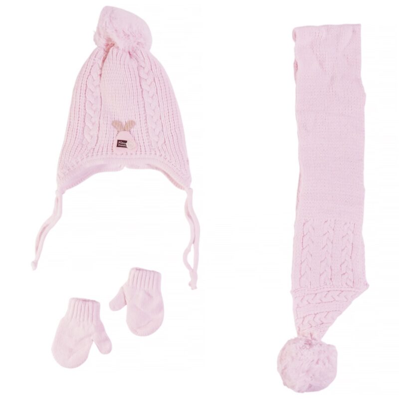 Kitti πλεκτό σετ σκούφος κασκόλ γάντια ροζ για κορίτσι