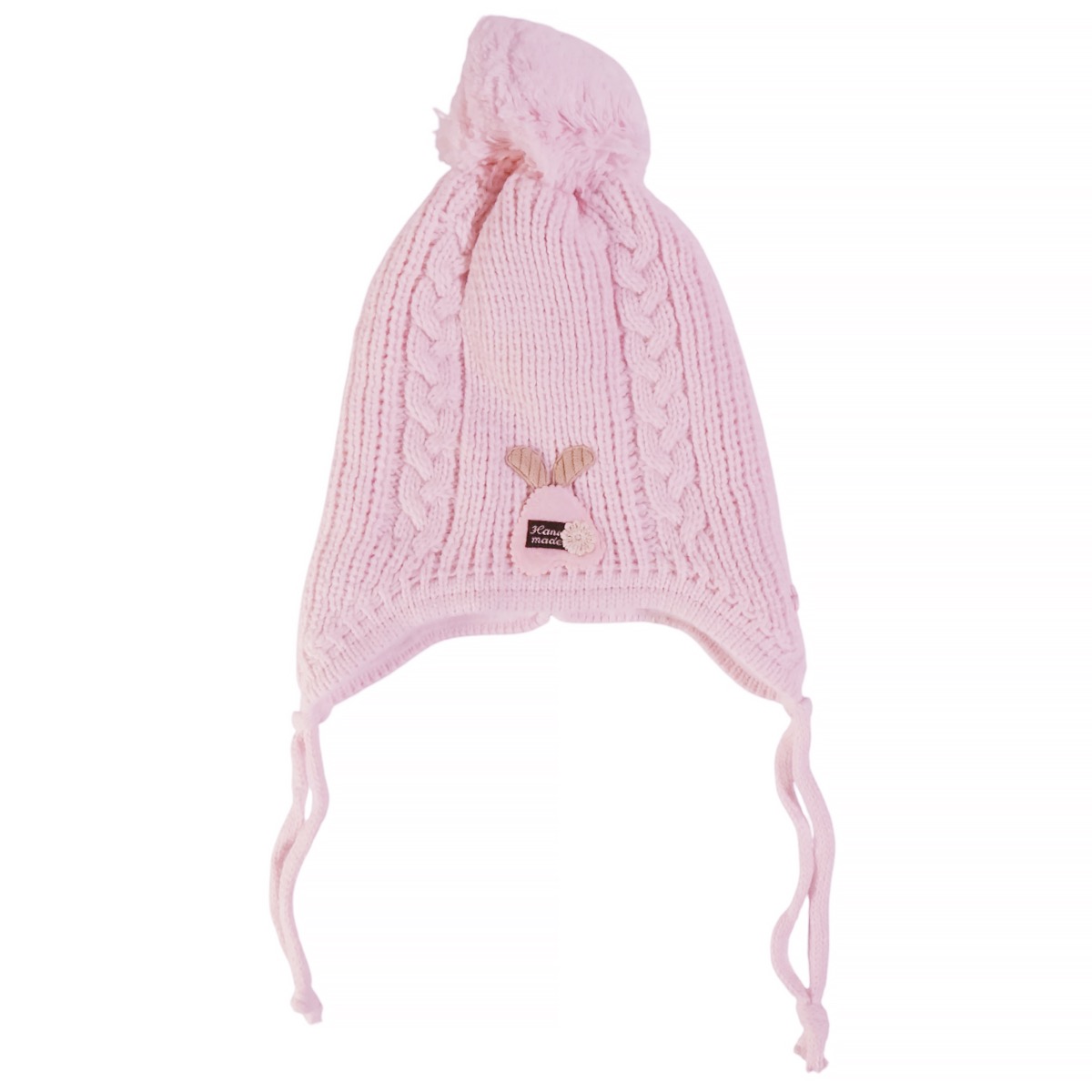 Kitti ροζ πλεκτός σκούφος με φούντα και κορδόνια για κορίτσι