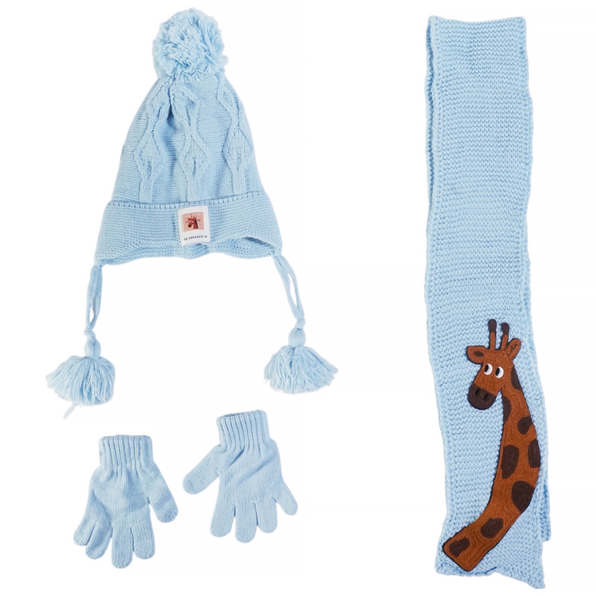 Kitti πλεκτό σετ σκούφος κασκόλ γάντια γαλάζιο με καμηλοπάρδαλη για αγόρι