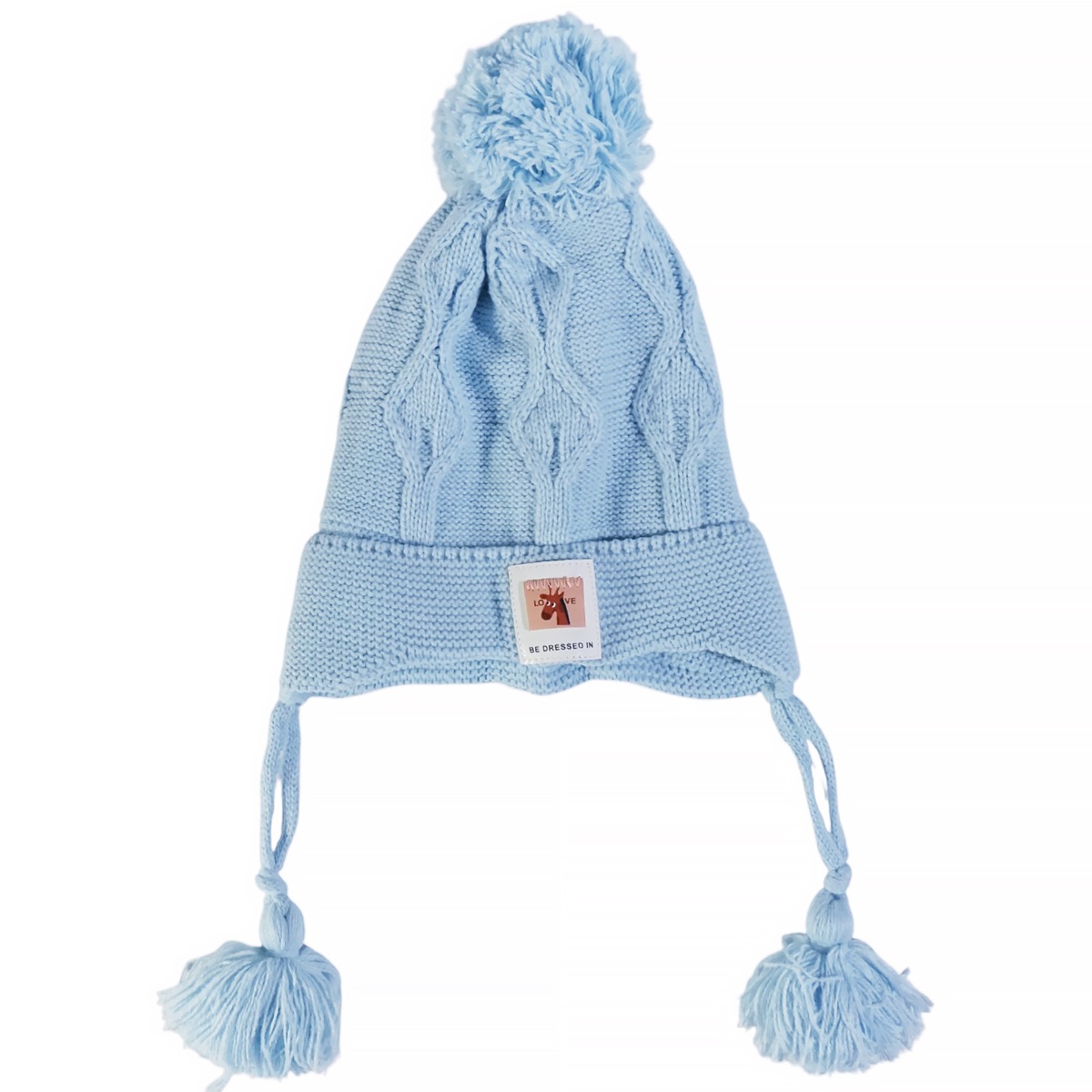 Kitti γαλάζιος πλεκτός σκούφος με φούντα και κορδόνια για αγόρι