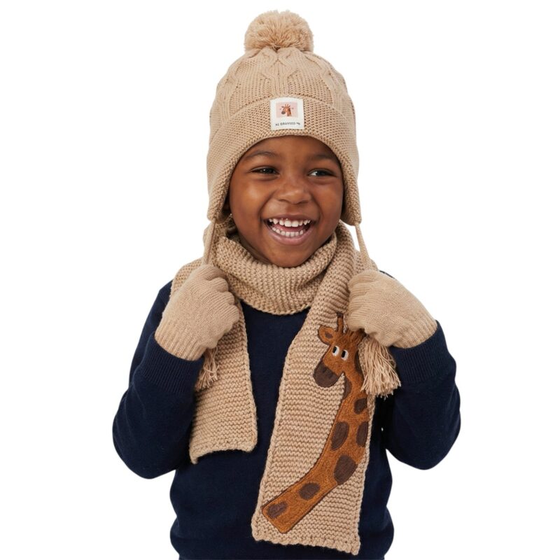 Kitti πλεκτό σετ σκούφος-κασκόλ-γάντια «Brown Giraffe»