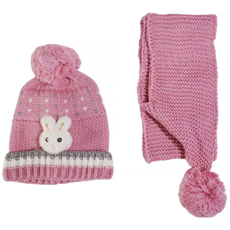 Kitti πλεκτό σετ σκούφος κασκόλ φούξια με λαγουδάκι για κορίτσι