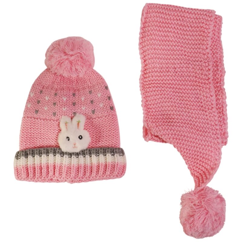 Kitti πλεκτό σετ σκούφος κασκόλ ροζ με λαγουδάκι για κορίτσι