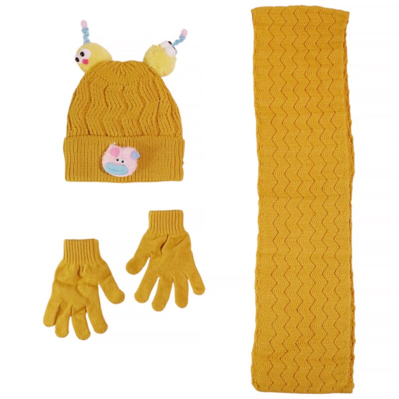 Kitti πλεκτό σετ σκούφος κασκόλ γάντια μουσταρδί funny face για κορίτσι
