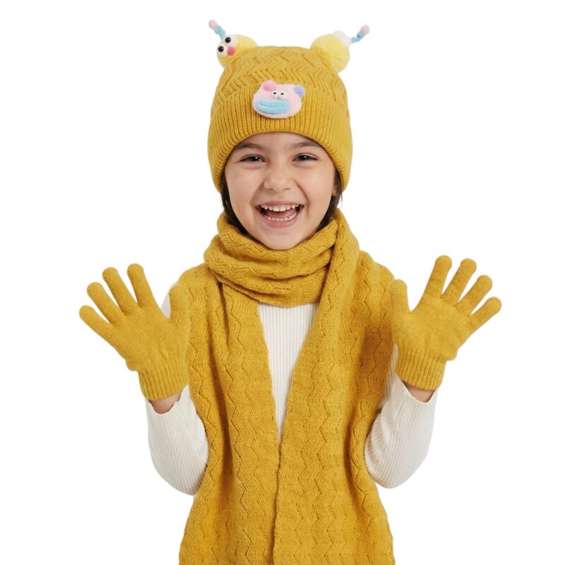 Kitti πλεκτό σετ σκούφος-κασκόλ-γάντια «Mustard Funny Face»