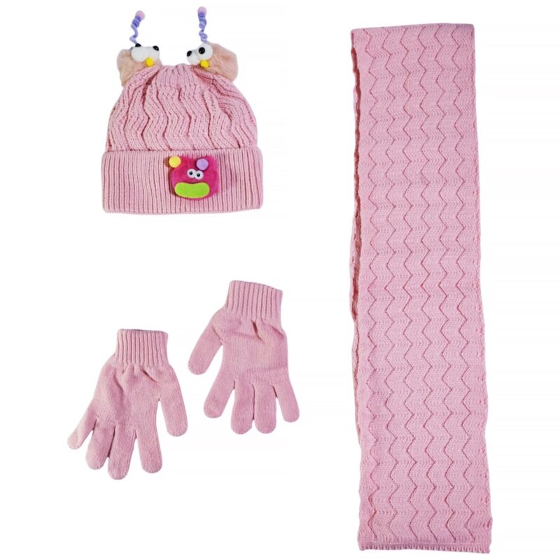 Kitti πλεκτό σετ σκούφος κασκόλ γάντια ροζ funny face για κορίτσι