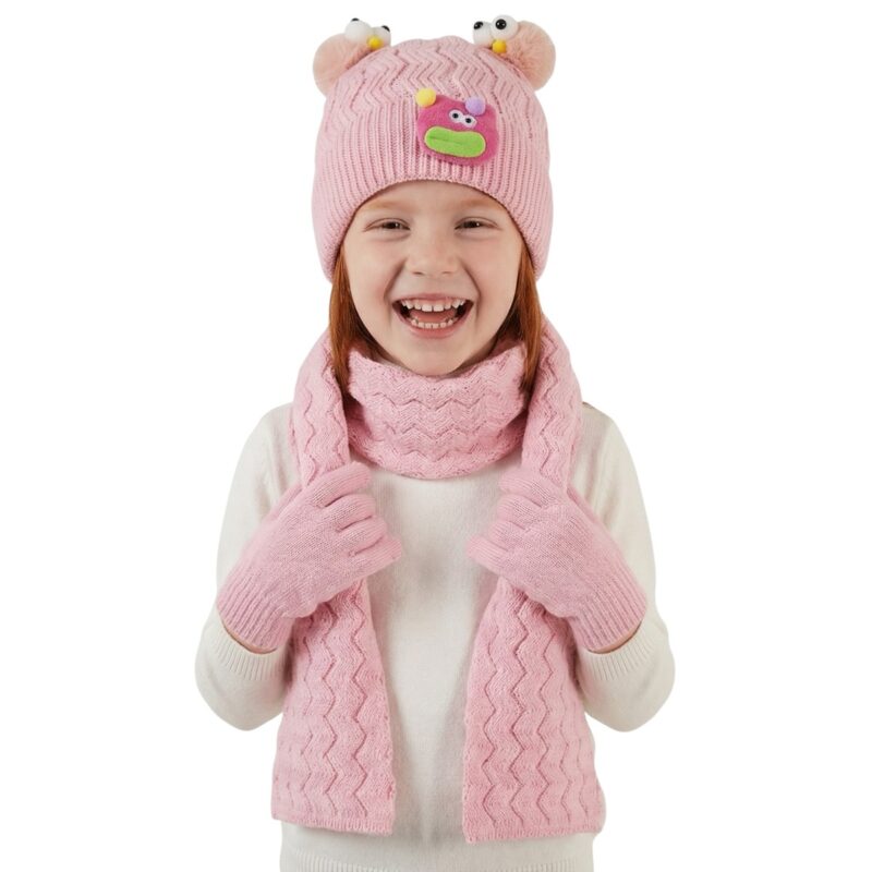 Kitti πλεκτό σετ σκούφος-κασκόλ-γάντια «Pink Funny Face»