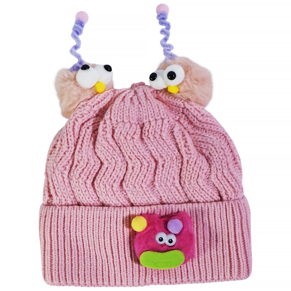 Kitti ροζ πλεκτός σκούφος με funny face και φουντίτσες για κορίτσι