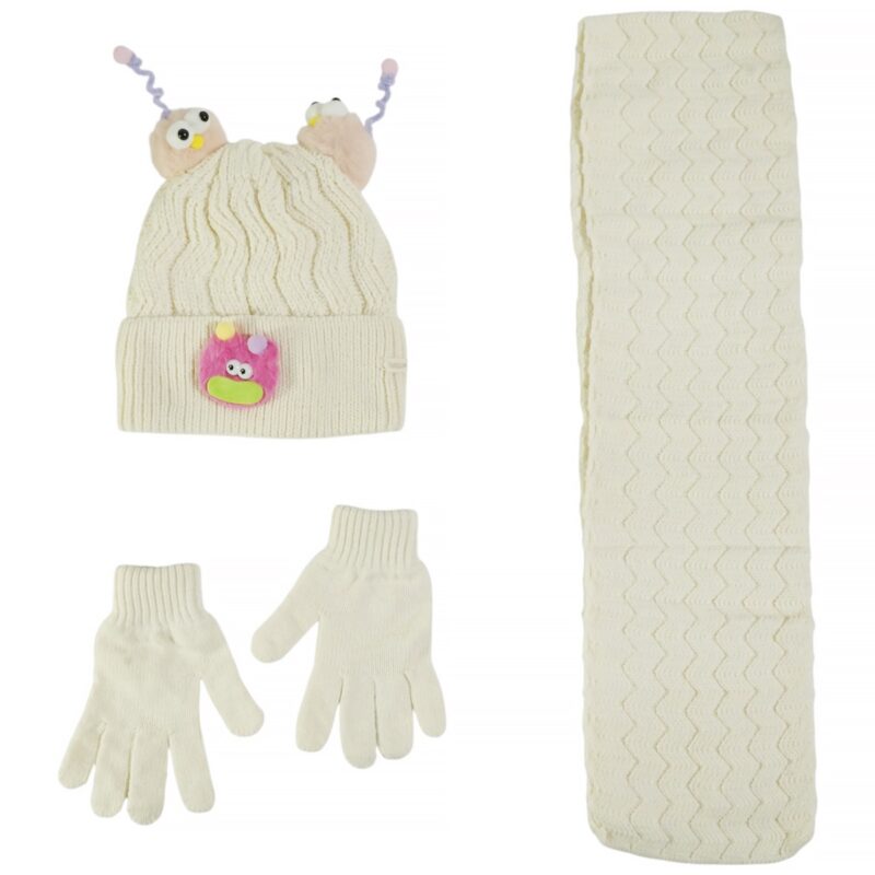 Kitti σετ σκούφος κασκόλ γάντια εκρού για κορίτσι με ζωάκια