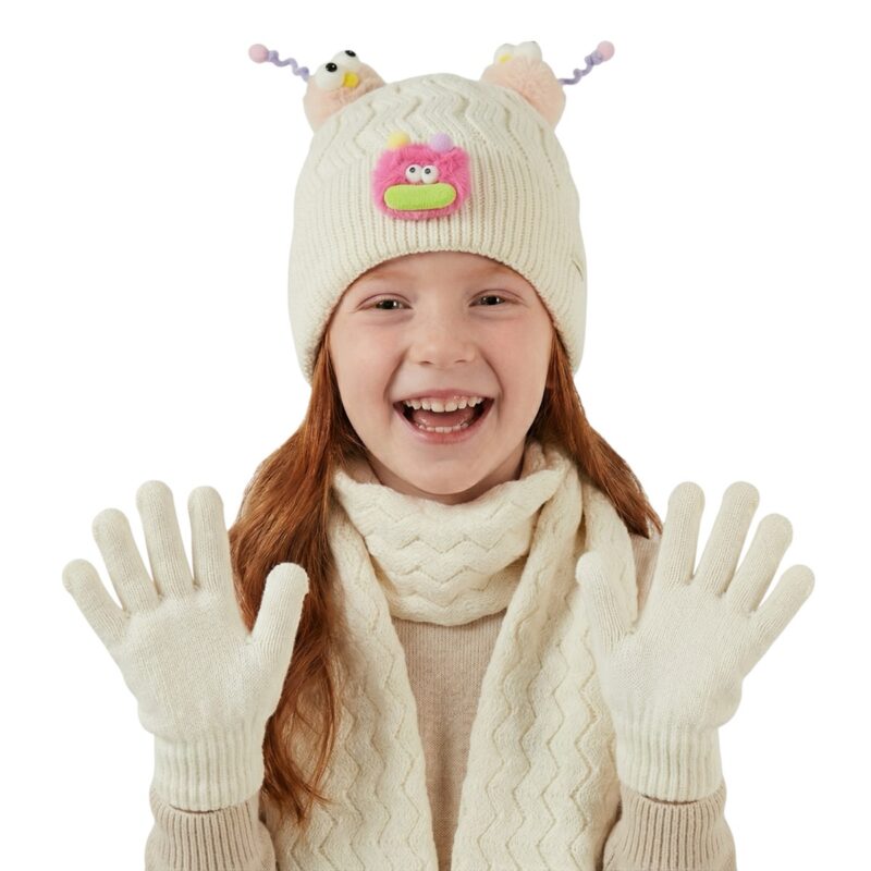 Kitti πλεκτό σετ σκούφος-κασκόλ-γάντια «Ecru Funny Face»