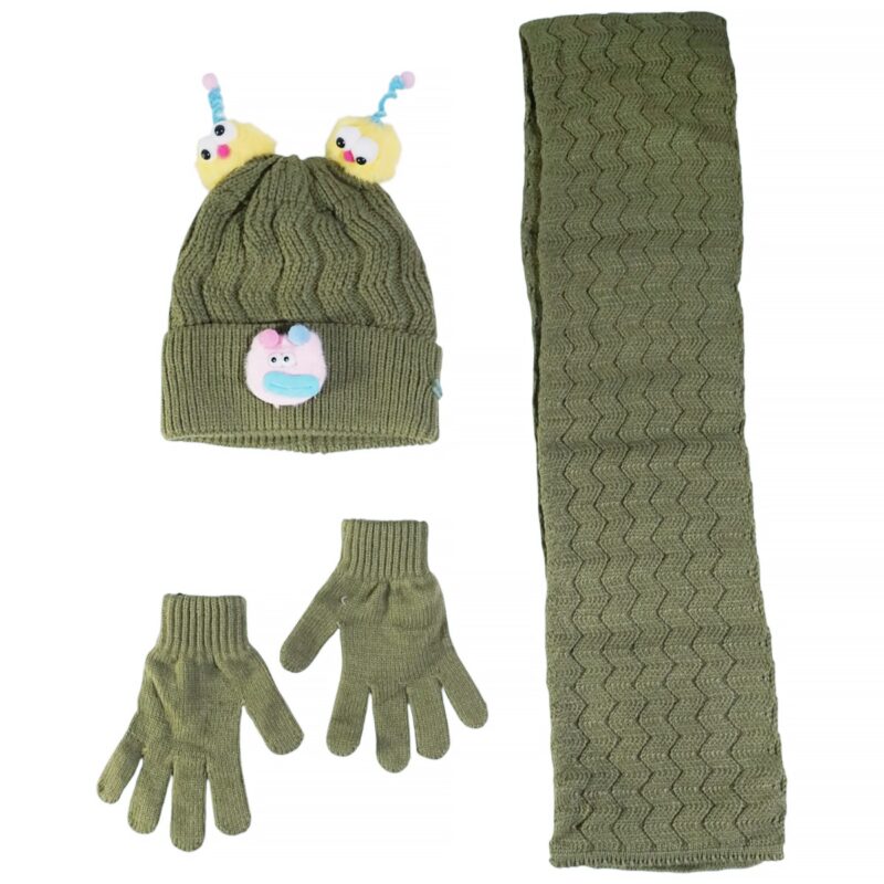 Kitti πλεκτό σετ σκούφος κασκόλ γάντια λαδί funny face για κορίτσι