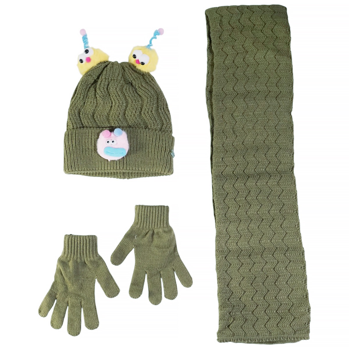 Kitti πλεκτό σετ σκούφος κασκόλ γάντια λαδί funny face για κορίτσι
