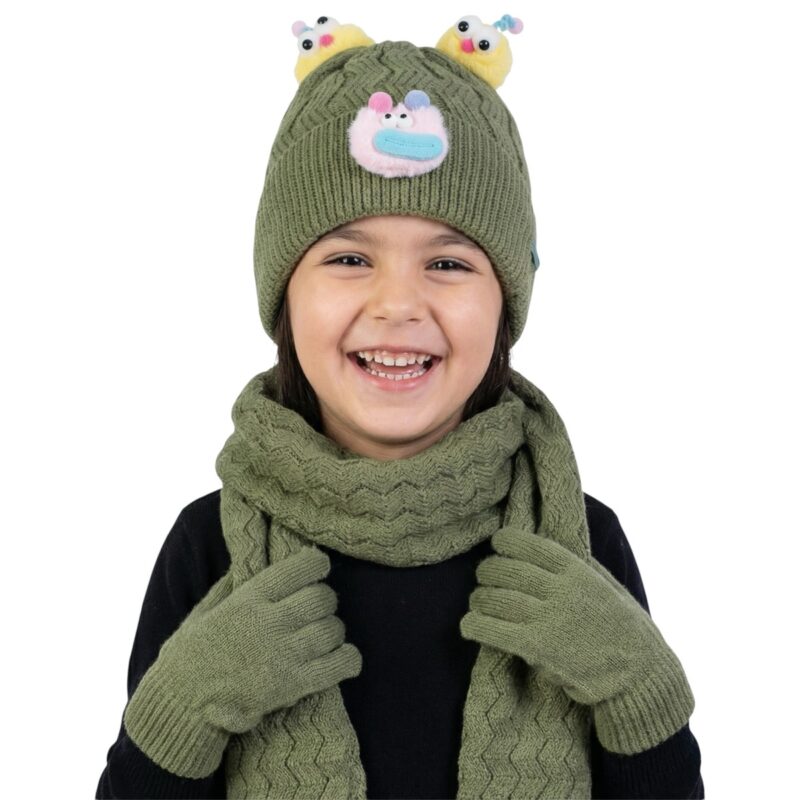 Kitti πλεκτό σετ σκούφος-κασκόλ-γάντια «Oily Funny Face»