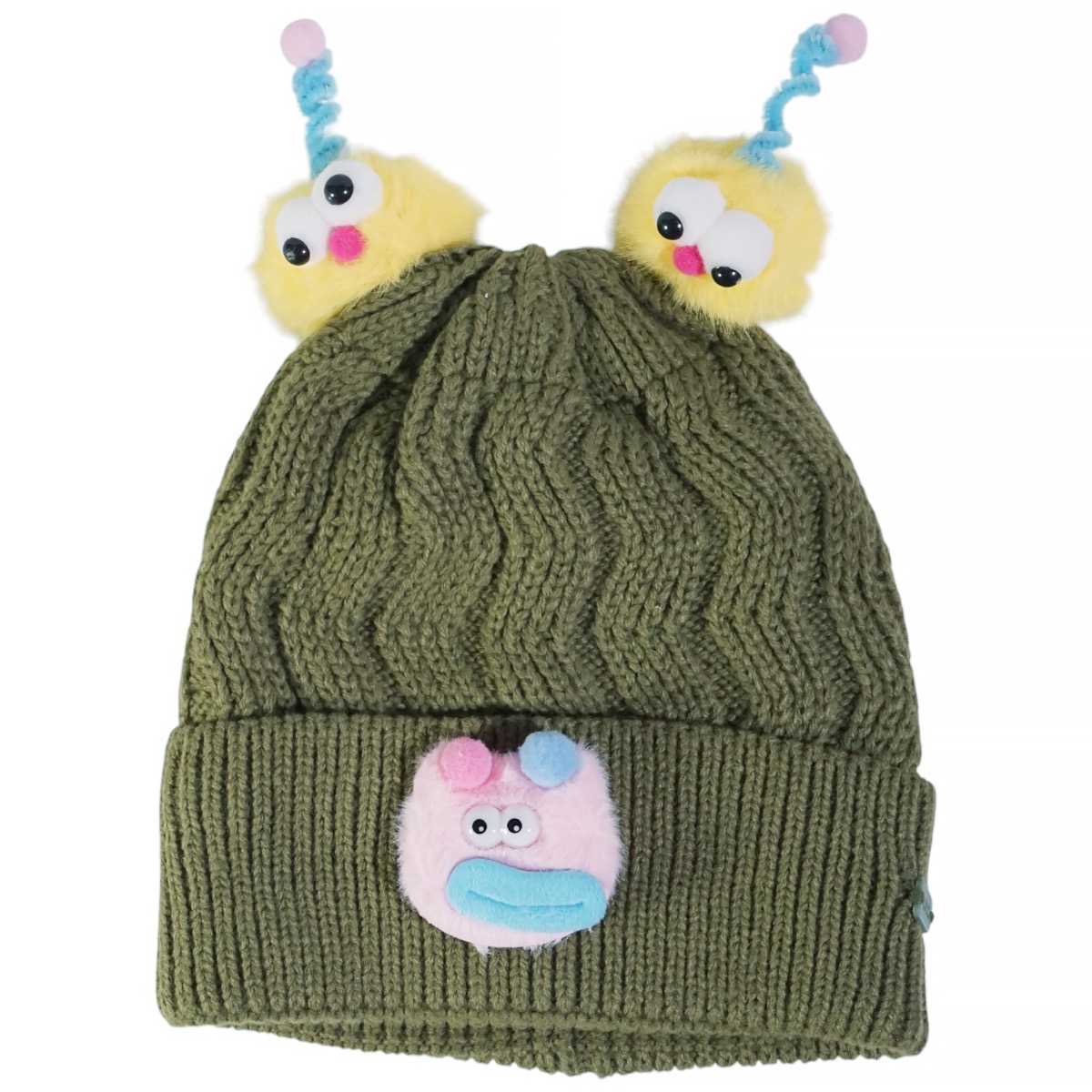 Kitti λαδί πλεκτός σκούφος με funny face και φουντίτσες για κορίτσι
